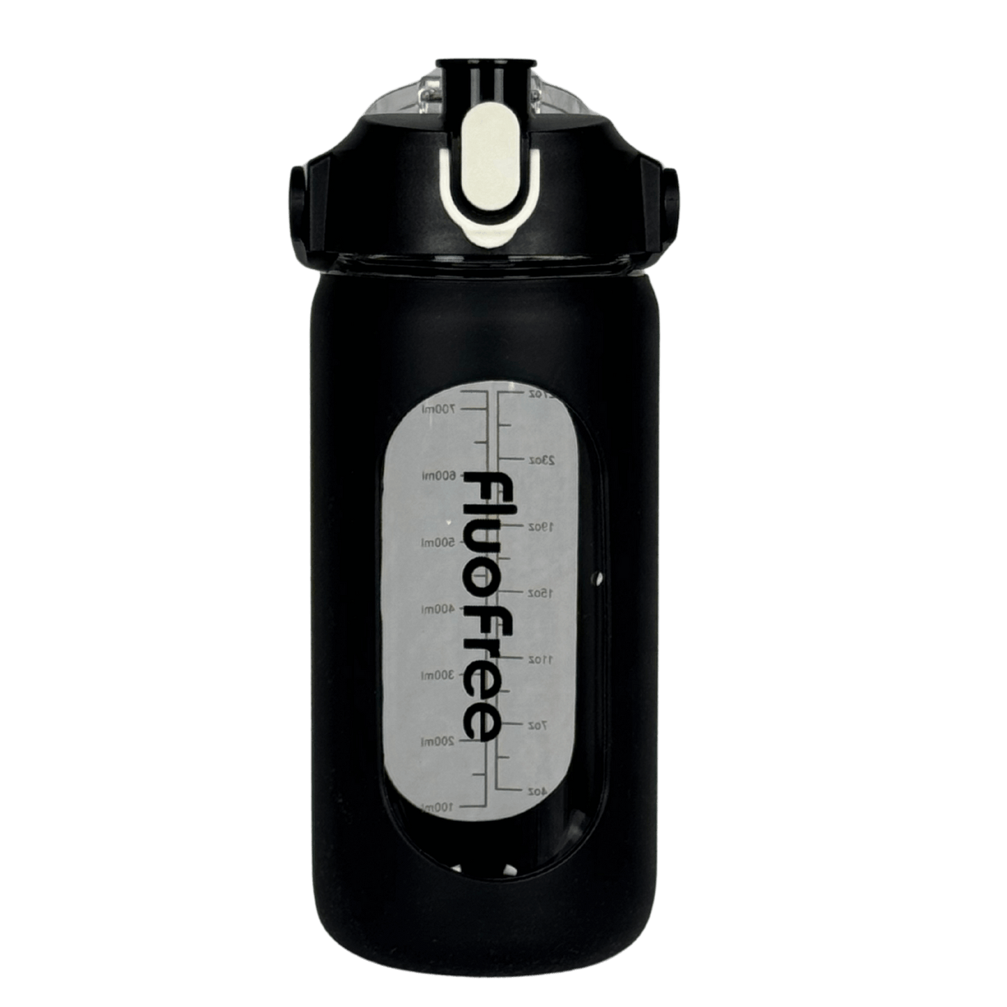 Product foto zwarte glazen drinkfles 1liter inhoud van fluofree