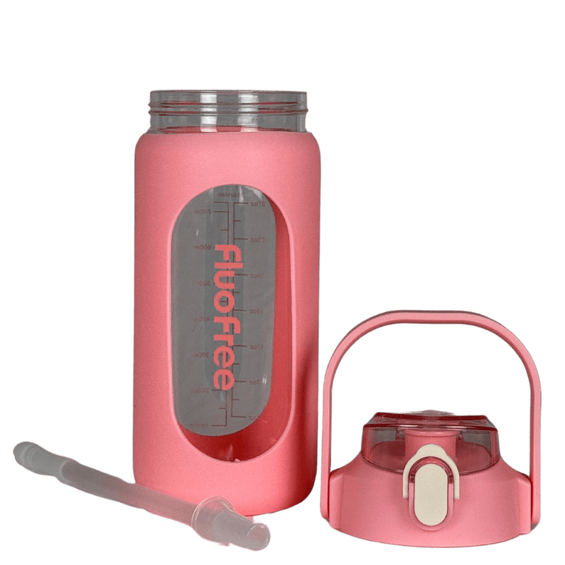Product foto roze glazen drinkfles 1liter van fluofree