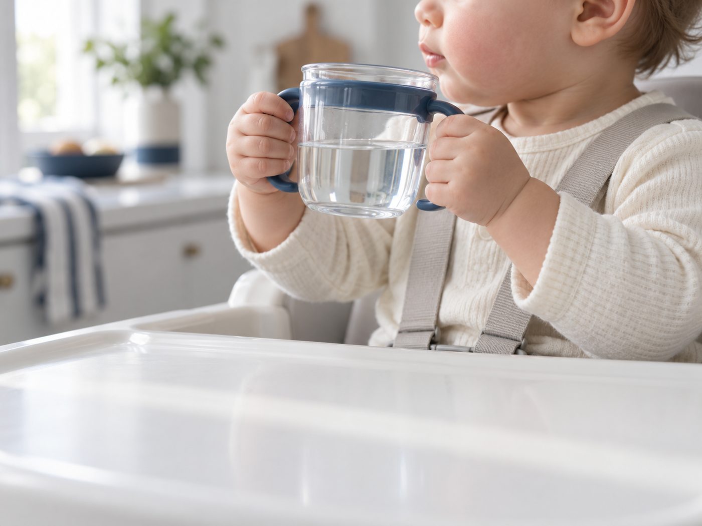 Een peuter in een kinderstoel drinkt water uit een tuitbeker met twee oren.