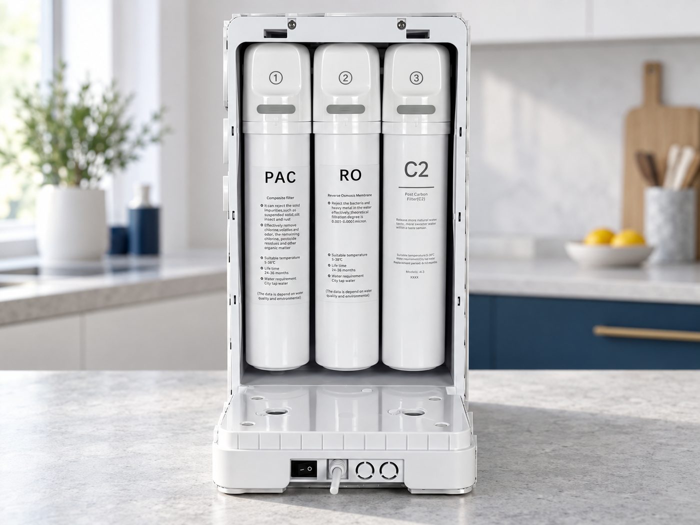 De open Osmora Standaard met de drie filterpatronen PAC, RO en C2.
