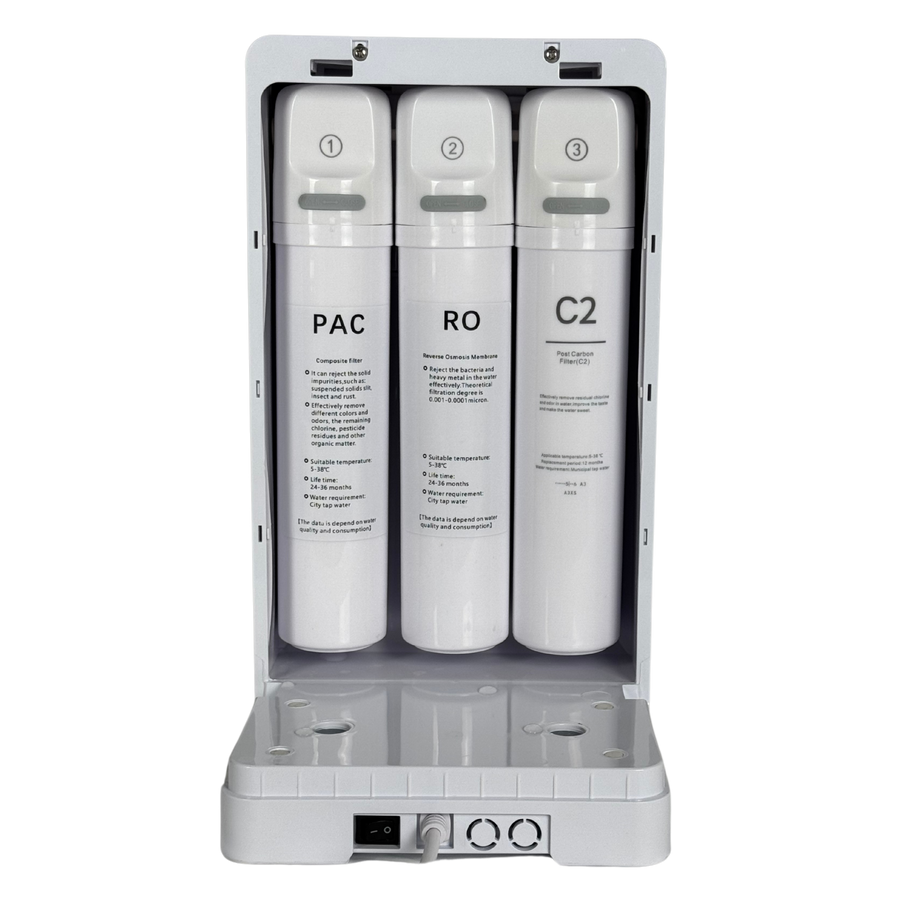De geopende Osmora Standaard met de drie filterpatronen PAC, RO en C2.