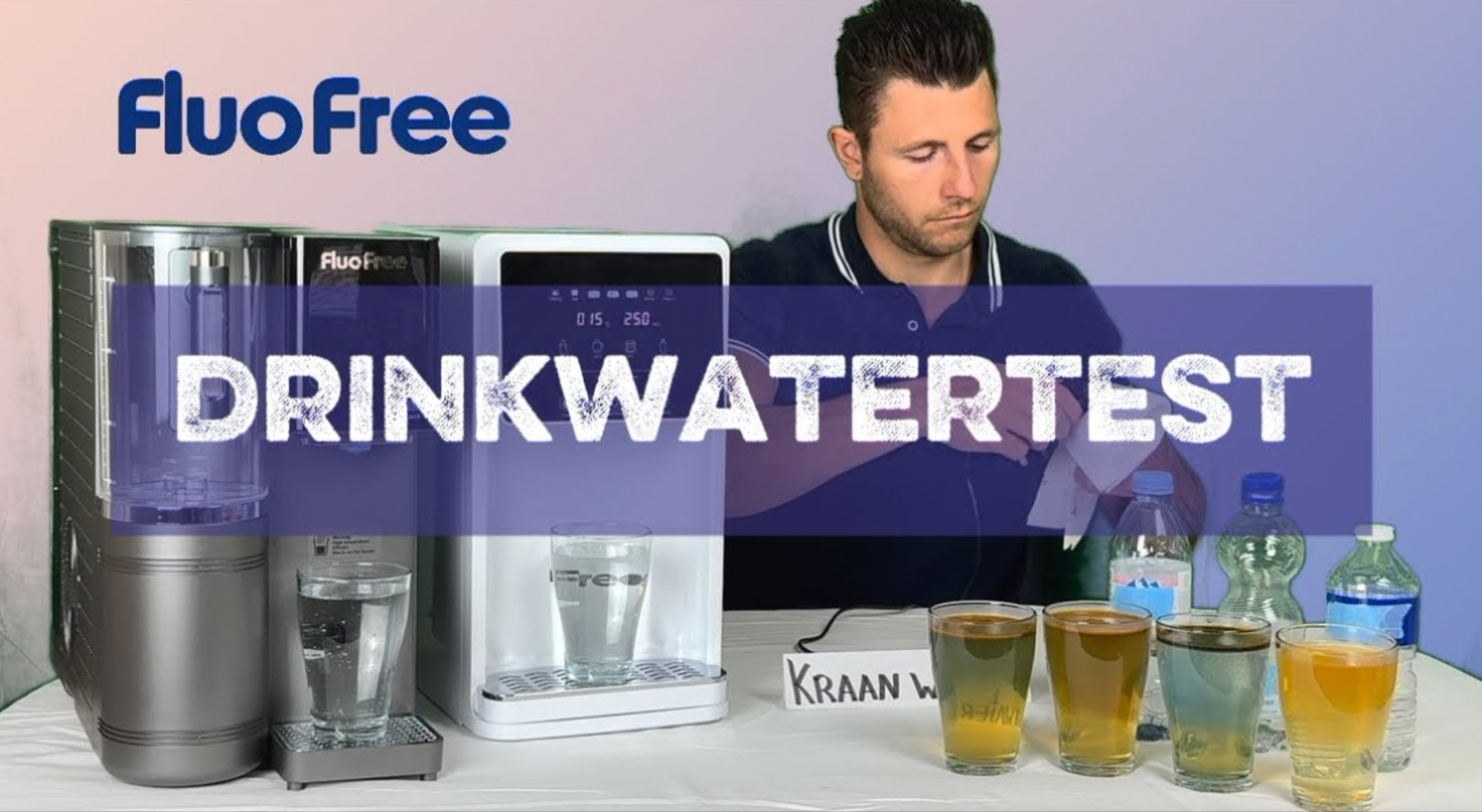 Video laden: een watertest tussen kraanwater, flesjeswater en gefilterd water met als uitslag dat gefilterd water aanzienlijk veel schoner is
