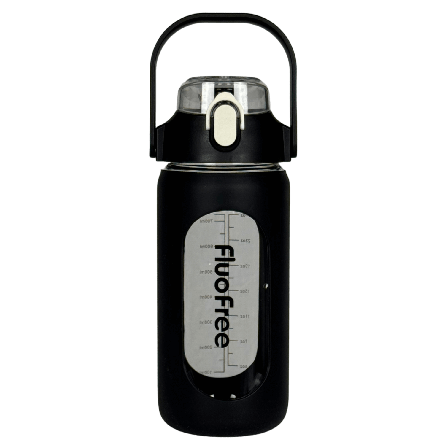 Product foto zwarte glazen drinkfles 1liter inhoud van fluofree