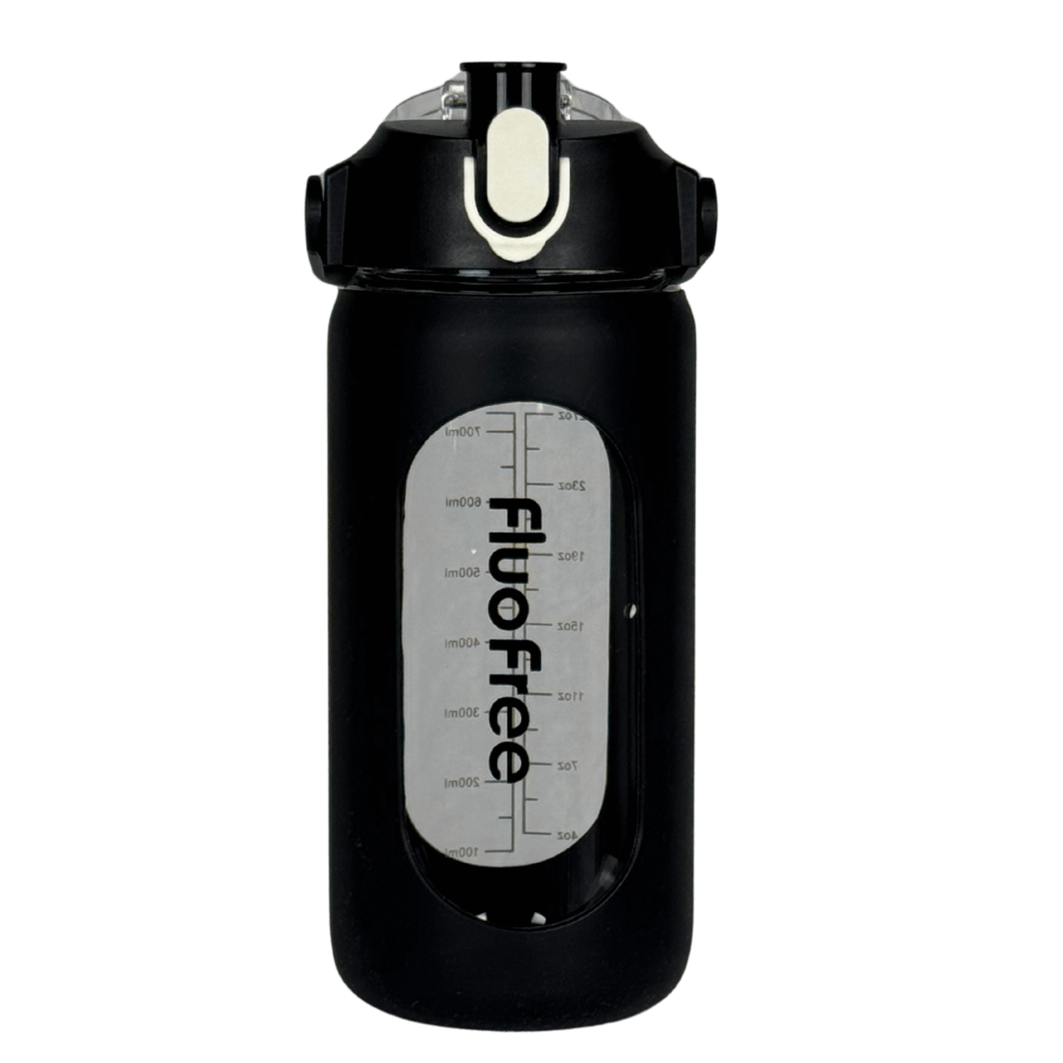 Product foto zwarte glazen drinkfles 1liter inhoud van fluofree