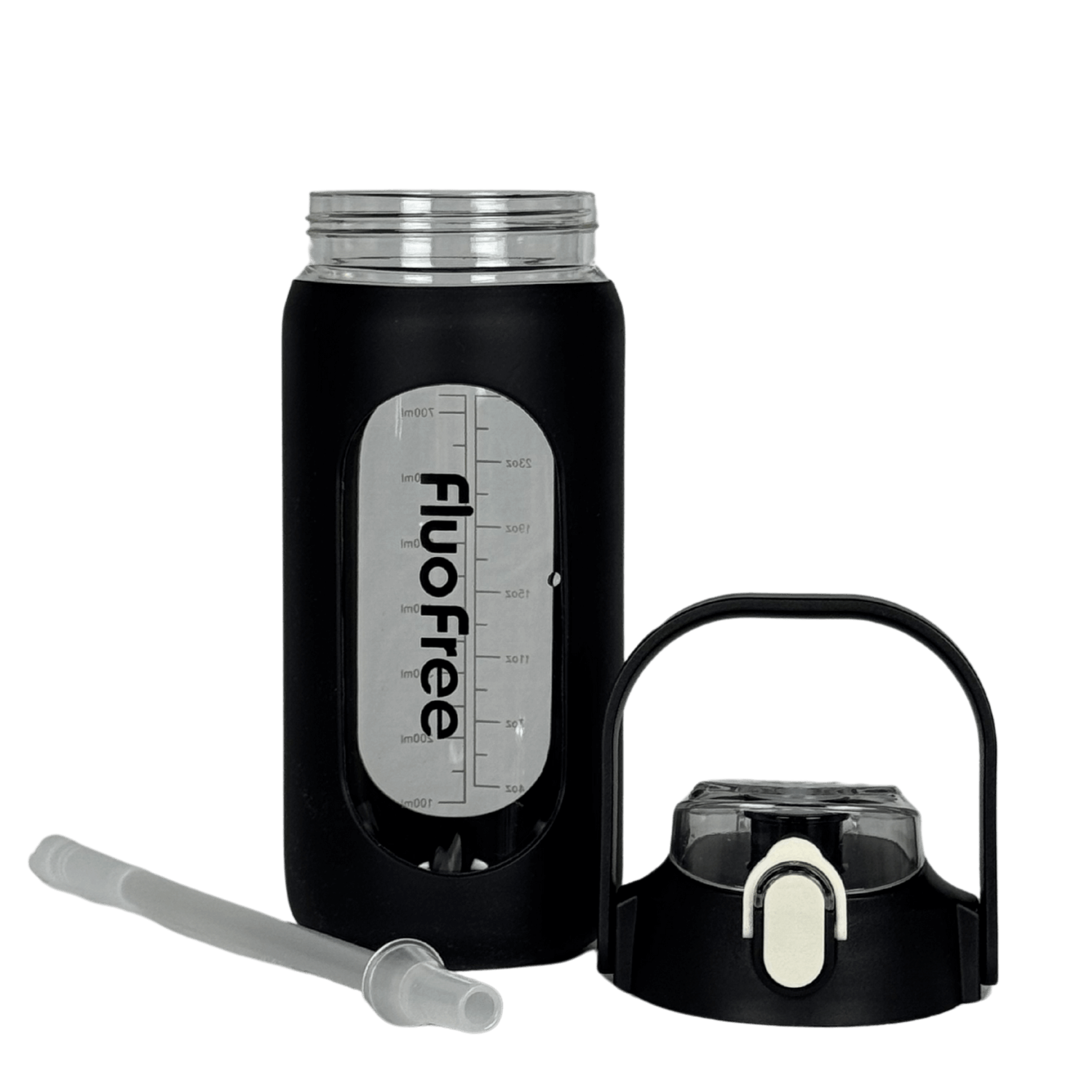 Product foto zwarte glazen drinkfles 1liter inhoud van fluofree