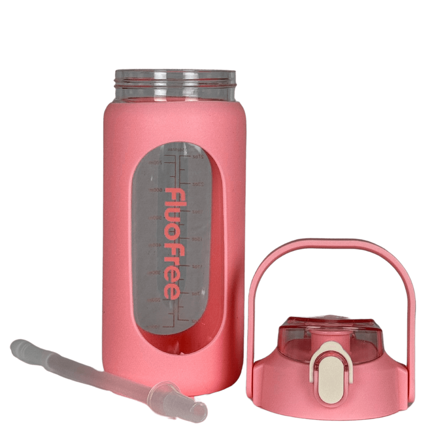 Product foto roze glazen drinkfles 1liter van fluofree