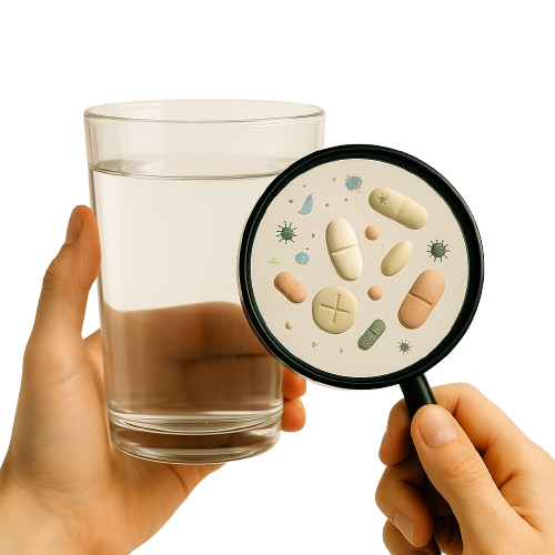 ongefilterd water, microscoop laat zien dat er medicijnresten, pfas en microplastics in zitten.