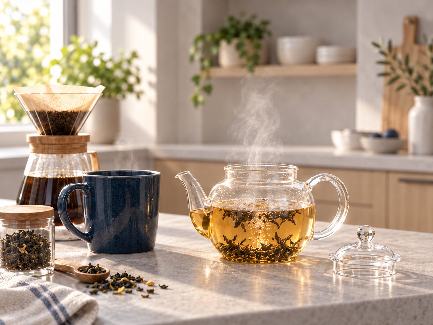 Glazen theepot met thee en een mok koffie op het aanrecht.
