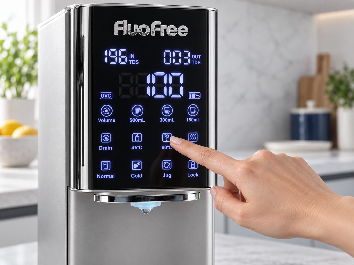 Een vinger kiest een temperatuur op het touchscreen van de Osmora Standaard.